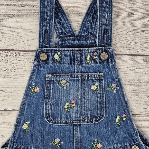 Gap Kids Denim‎ Toddler Embroidered Floral Shortall with Washwell Size 3 years - Picture 1 of 4